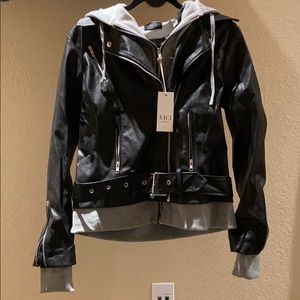 Hooded Faux Leather Pocketed Bomber Jacket